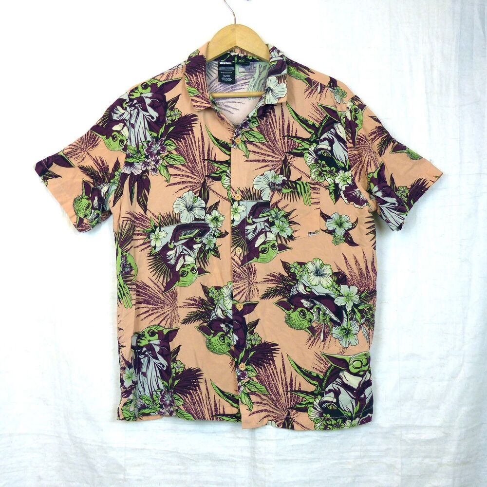 Star Wars Yoda Grogu Floral Hawaiian Button Front Camp Shirt Mens XL Blue Aloha
